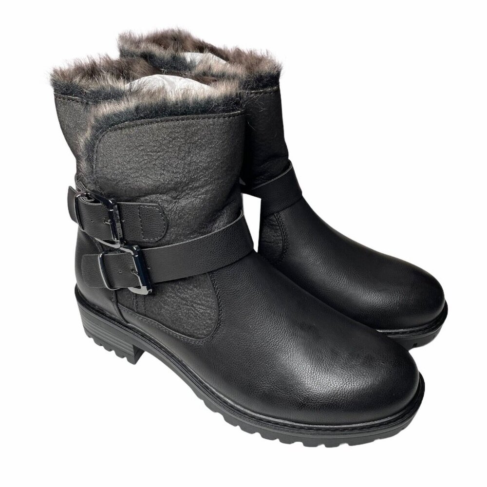 Womens Fashion Boots Black Faux Fur Lined Buckle Straps US 5.5 Faux Leather New